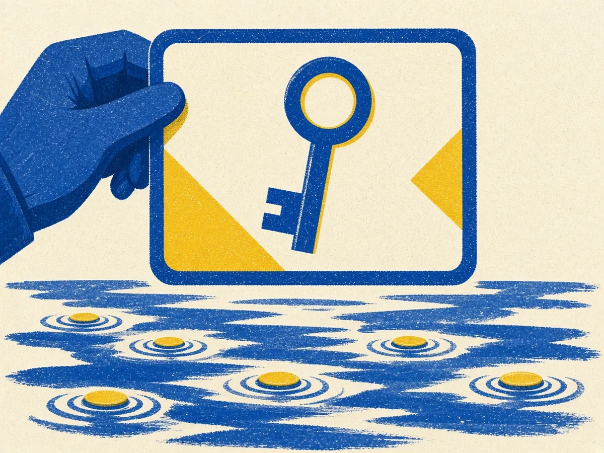 A collectible card with a printed key held above a pool with coins