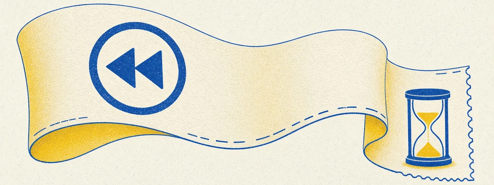 Illustration of a giant paper receipt with a perforated stub, an hourglass, and a rewind arrow