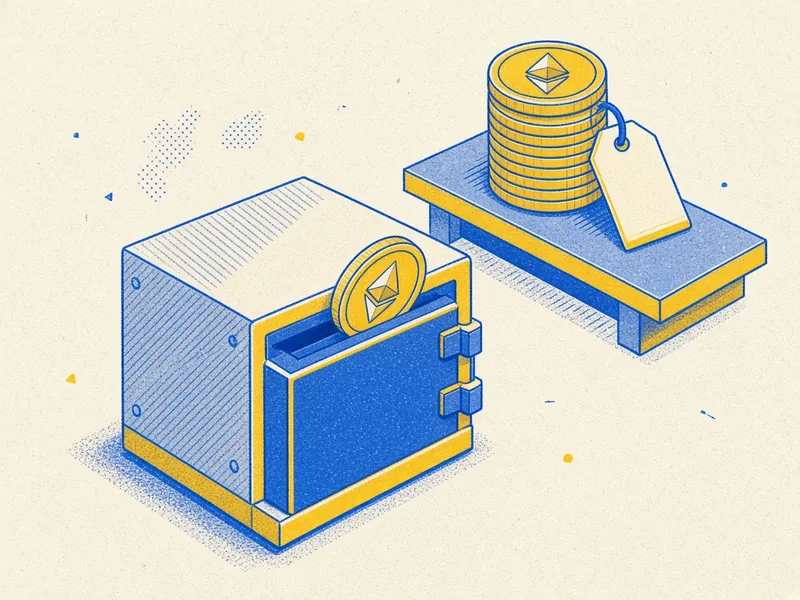 Illustration of an ETH coin entering a safe deposit box while tokens are set aside with a reservation tag