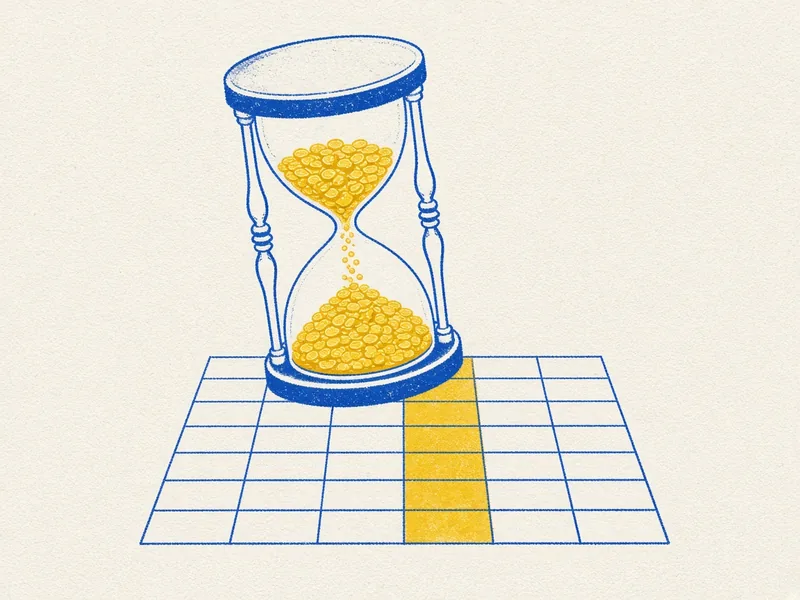 Illustration of an hourglass with coins instead of sand on a calendar