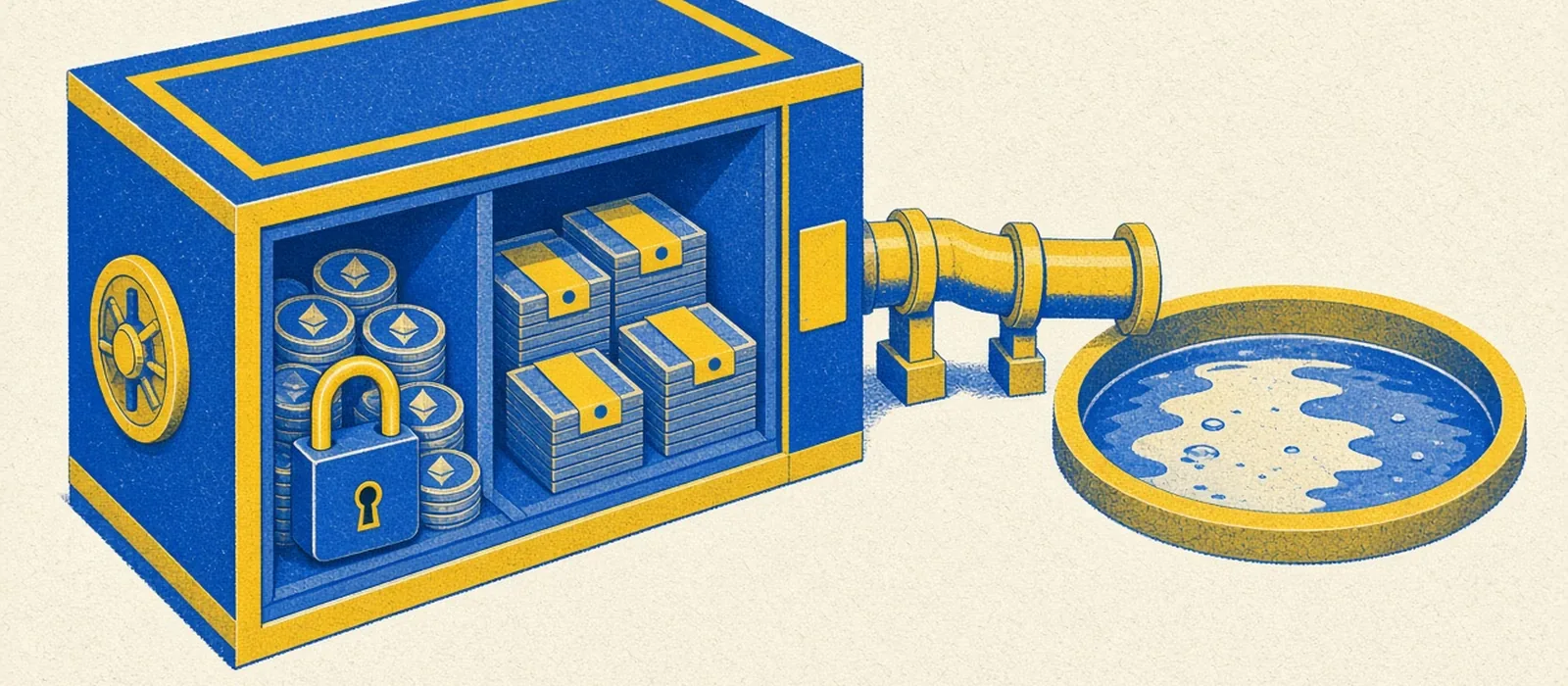 Cutaway view of a bank vault with two compartments, one with locked ETH coins and another with reserved tokens
